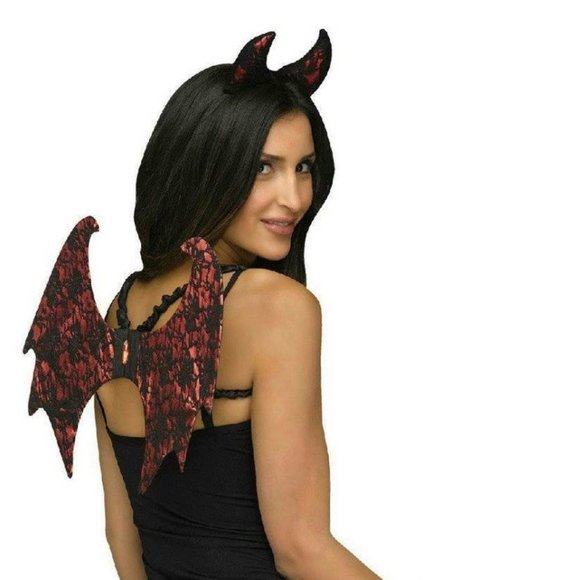 Devil Wings & Horns Black & Red ages 14+ Halloween Costume 2 Pc Dress Up Party - Picture 1 of 2